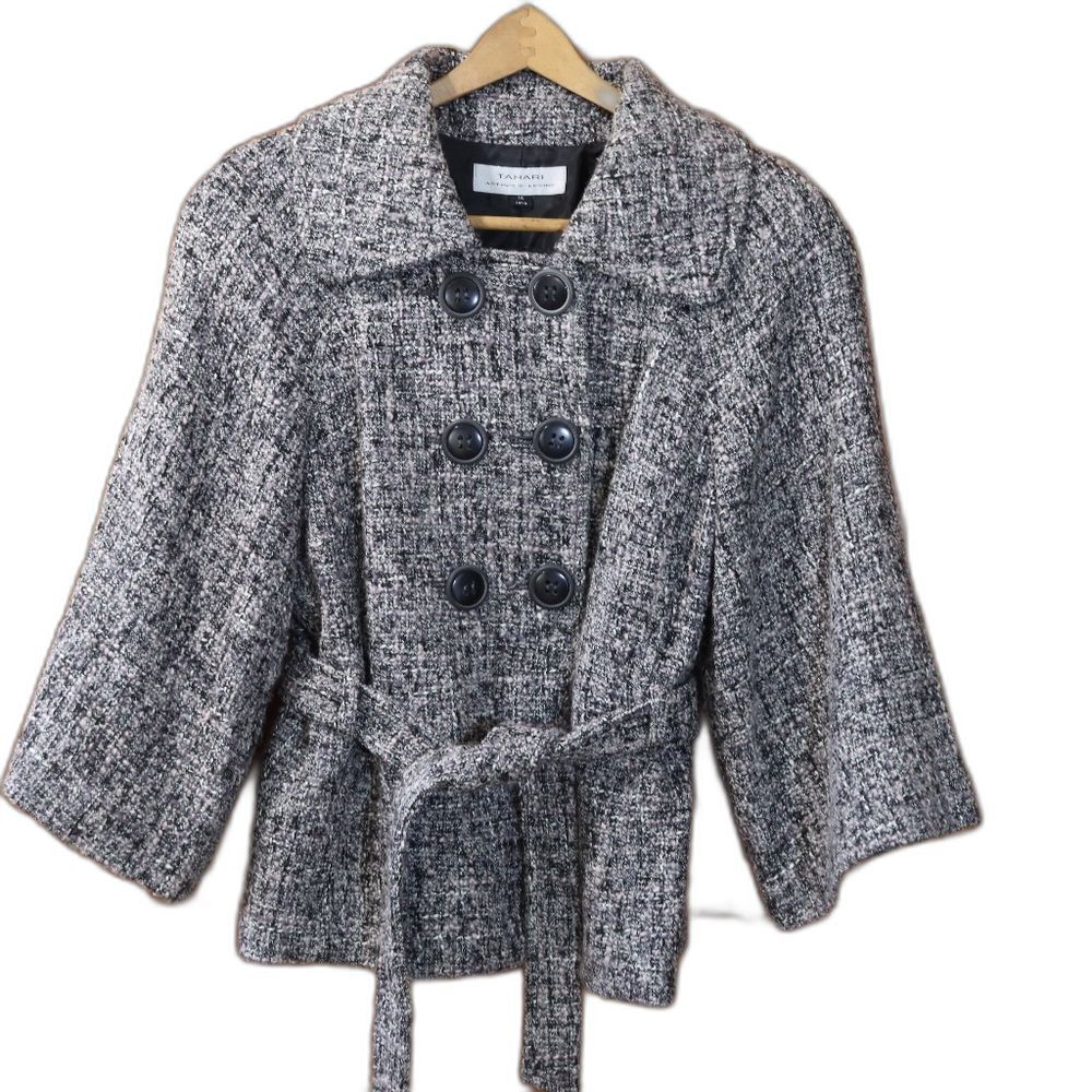 Tahari Black and Gray Tweed Blazer Jacket Cropped Double Breasted Y2k 14